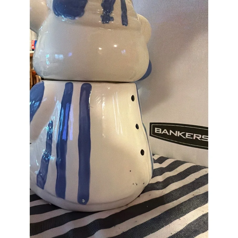 Vintage Ceramic Polar Bear Cookie Jar Blue Striped Pajamas Nightcap 10 Inch